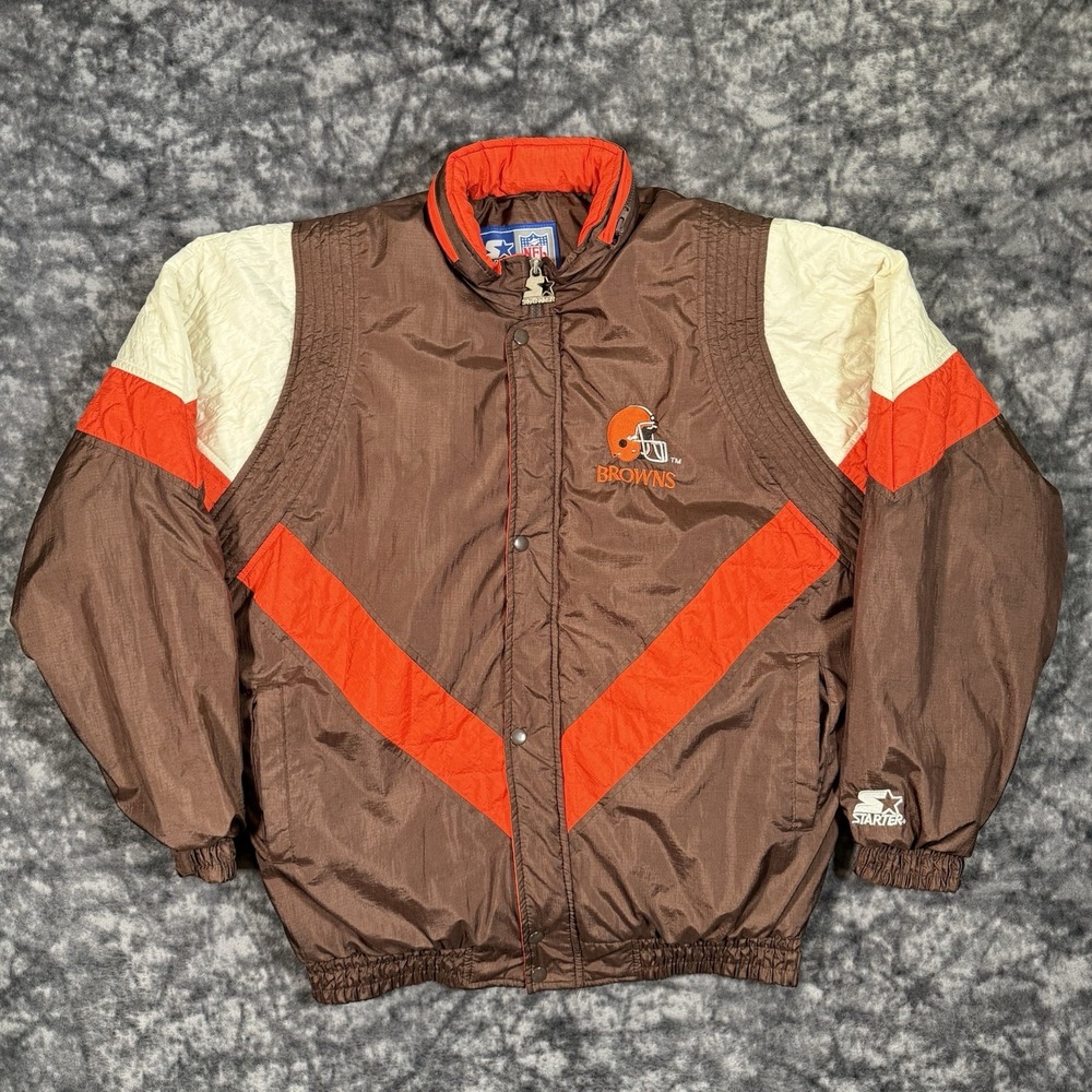Vintage Starter Cleveland Browns Puffer Jacket Mens L Striped NFL 90s Brown Coat
